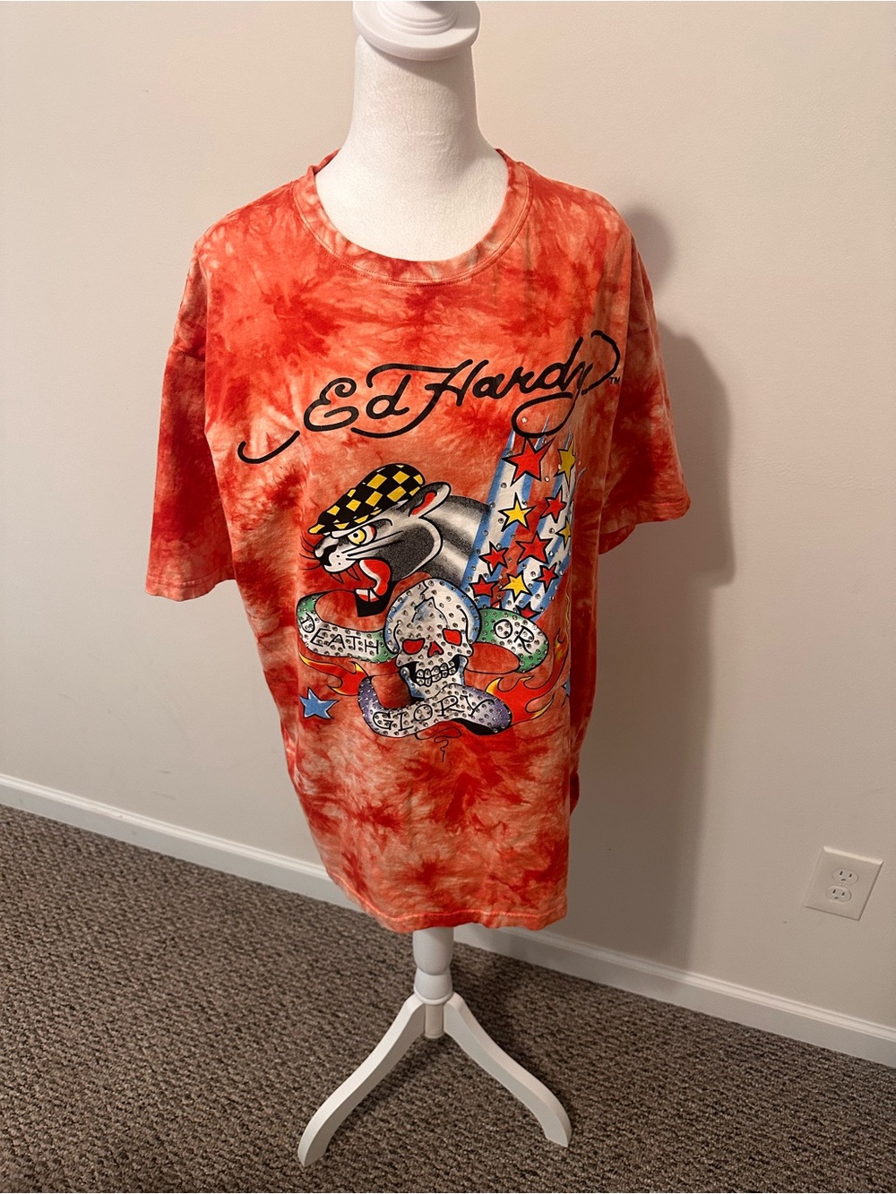Ed Hardy Red Tie Dyed Panther and Skull T Shirt Size 2XL - Picture 1 of 5